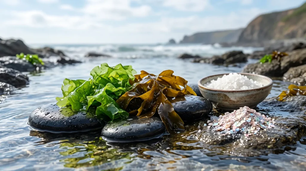 Fresh seaweed and a mineral scalp serum for seaweed for scalp health