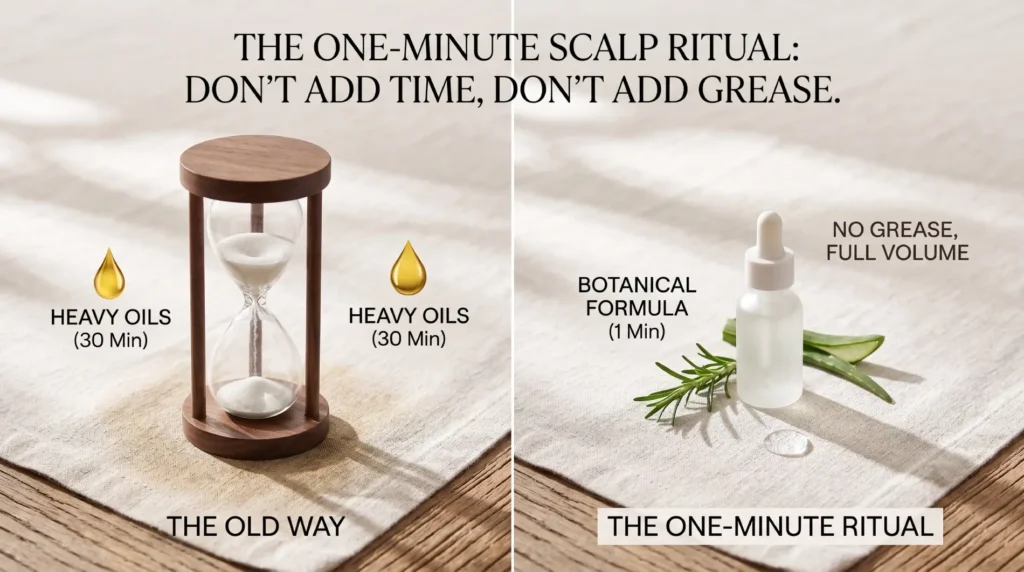 Applying a lightweight tonic along the parting in a one-minute scalp ritual