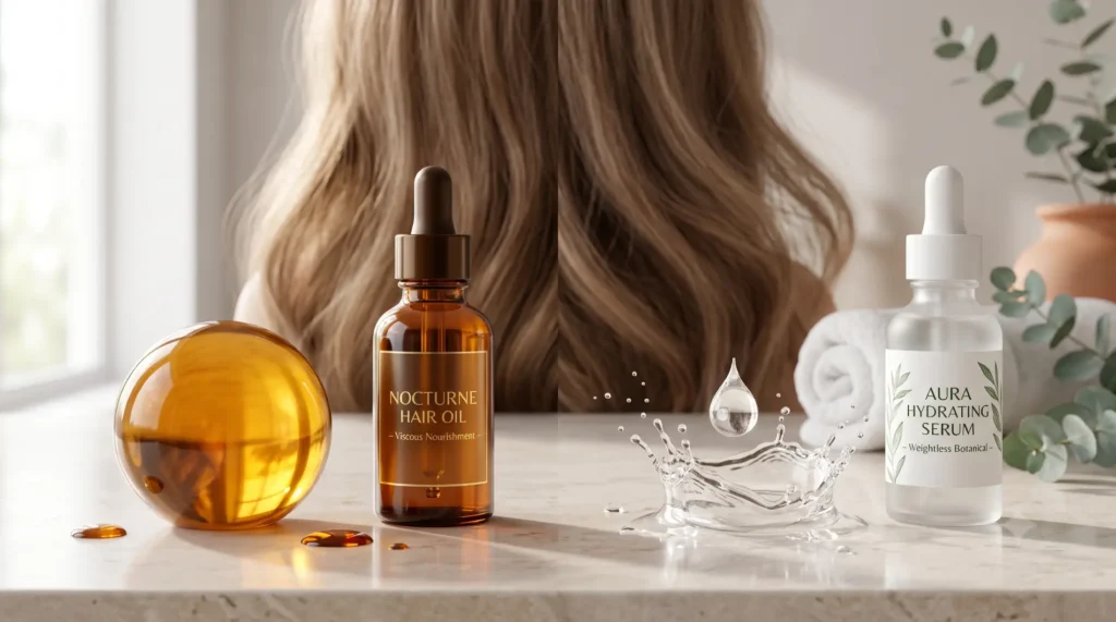 Woman checking a greasy scalp at the roots hours after washing