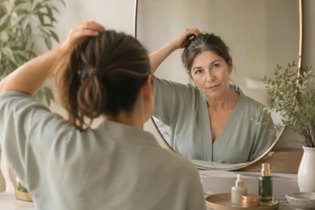 Perimenopause hair changes: a widening parting and finer hair at 45