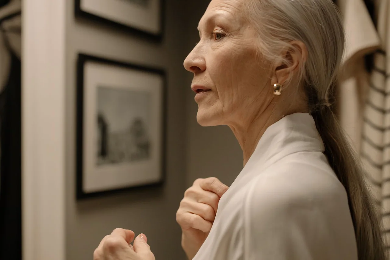 Mature woman with silver hair tied back in a low ponytail