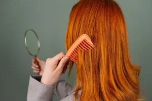 Close-up of red hair being gently combed from behind