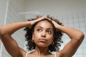 Woman gently touching her scalp while standing at a bathroom mirror