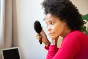 Woman pausing during her hair-care routine beside a mirror
